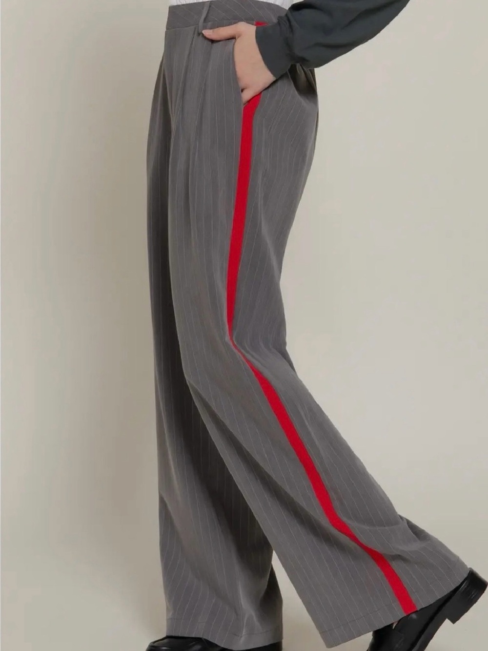 047. Wide-Leg Pinstripe Pants with Red Side Stripe